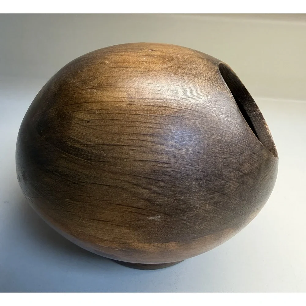 Vintage MCM Monkey Pod Wood Orb Salt Cellar/Nut Bowl, W/Spoon! EUC